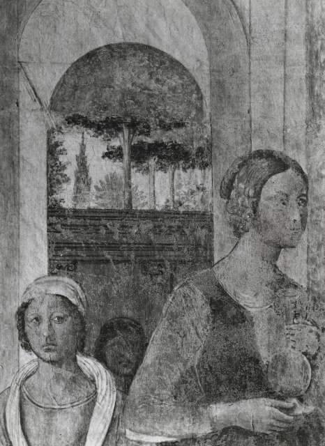 Bazzechi, Ivo — Benozzo Gozzoli: Tabernacle of Santa Chiara. Castelfiorentino. Fresco. Detail — particolare, Nascita di Maria Vergine: figure femminili e sfondo con paesaggio